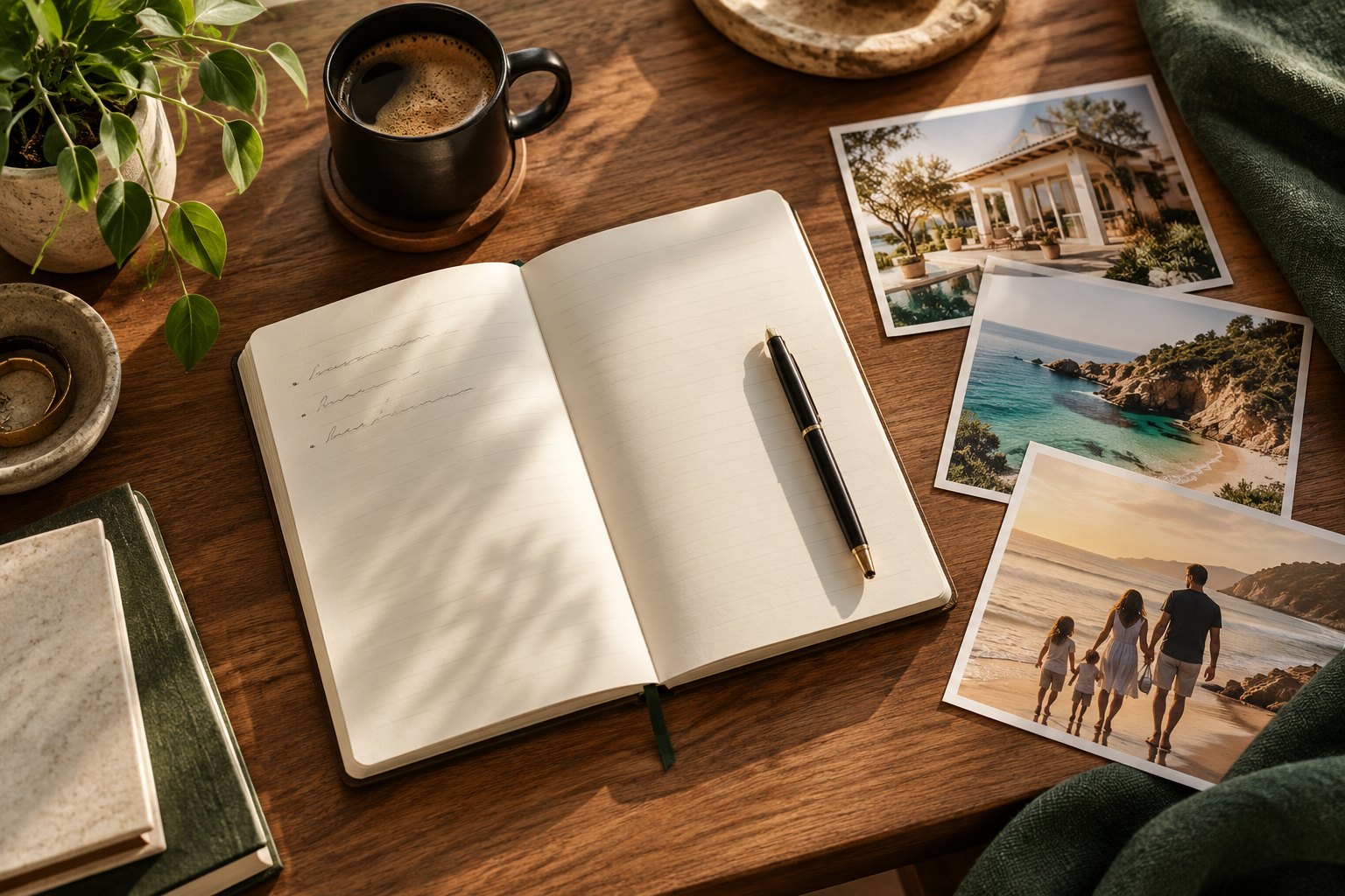 A notebook, coffee and photographs for planning a meaningful future